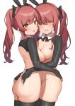  2girls absurdres animal_ears ass bangs blush breast_press breasts cleavage fake_animal_ears hair_between_eyes highres idolmaster idolmaster_shiny_colors long_hair long_sleeves looking_at_viewer medium_breasts meme_attire multiple_girls open_mouth osaki_amana osaki_tenka playboy_bunny rabbit_ears red_hair revealing_clothes reverse_bunnysuit reverse_outfit shrug_(clothing) siblings sisters sweat swept_bangs symmetrical_docking thighhighs twins wanimaru white_background yellow_eyes 