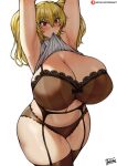  1girl armpits arms_up artist_name bangs batako_(pixiv54063972) blonde_hair blush bra breasts brown_bra brown_panties cleavage cowboy_shot curvy hair_between_eyes highres huge_breasts lifted_by_self long_hair looking_away navel nitroplus orange_eyes panties patreon_username plump simple_background sleeveless solo super_pochaco thick_thighs thighhighs thighs tsurime twintails underwear web_address white_background wide_hips 