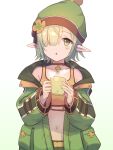  1girl :o aoi_(princess_connect!) bangs bare_shoulders beanie black_choker blush choker collarbone crop_top cup elf gradient gradient_background green_background green_eyes green_hair green_headwear green_jacket gucchiann hair_over_one_eye hat highres holding holding_cup jacket long_sleeves mug navel off_shoulder open_clothes open_jacket parted_lips pointy_ears princess_connect! puffy_long_sleeves puffy_sleeves solo steam white_background 