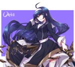  1girl ahoge bangs blue_eyes blue_hair border breasts character_name dress hairband hand_in_own_hair highres holding holding_sword holding_weapon large_breasts long_hair long_sleeves looking_at_viewer open_mouth orie_(under_night_in-birth) purple_background riyu_(gauzama) simple_background solo sword thighhighs twitter_username under_night_in-birth weapon white_border white_hairband white_thighhighs 
