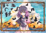  1girl backpack bag bangs bird black_bird closed_mouth cloud feathers framed looking_at_viewer marker_(medium) medium_hair original pink_shirt pleated_skirt purple_hair purple_skirt shirt shirt_tucked_in skirt sky smile solo straight-on traditional_media yellow_eyes yuki_nagi 