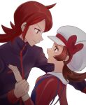  1boy 1girl bad_id bad_twitter_id blush brown_eyes brown_hair cabbie_hat enamo_(dcah) eye_contact hat highres jacket looking_at_another lyra_(pokemon) open_mouth overalls pokemon pokemon_(game) pokemon_hgss red_eyes red_hair silver_(pokemon) twintails upper_body white_background 