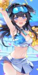  1girl animal_ears arm_up armpits bangs bare_shoulders black_hair blue_archive blue_eyes blue_skirt blue_sky blush breasts cheerleader cleavage confetti cowboy_shot crop_top dog_ears dog_girl eyewear_on_head goggles goggles_on_head halo hibiki_(blue_archive) hibiki_(cheerleader)_(blue_archive) highres holding holding_pom_poms king_maguro long_hair looking_at_viewer medium_breasts midriff miniskirt navel open_mouth pom_pom_(cheerleading) skirt sky solo star_sticker sticker_on_face stomach thighhighs 