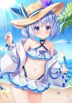  1girl absurdres beach bikini bikini_skirt blue_eyes blue_hair blush closed_mouth criss-cross_halter double_bun fengshen_chino frilled_bikini frills gochuumon_wa_usagi_desu_ka? hair_bun hair_ornament hairclip halterneck highres jacket kafuu_chino kirara_fantasia light_blue_hair long_hair looking_at_viewer multi-strapped_bikini_bottom navel no_shoes ocean off_shoulder official_alternate_costume open_clothes open_jacket smile solo stomach summer swimsuit white_jacket x_hair_ornament 