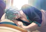  1boy alhaitham_(genshin_impact) aqua_hair bangs bed closed_eyes curtains genshin_impact grey_hair indoors lying male_focus mj_(11220318) multicolored_hair on_side parted_lips pectoral_cleavage pectorals pillow pov short_sleeves sleeping solo twitter_username under_covers upper_body 