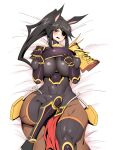  1girl animal_ears armor bangs bed_sheet black_bodysuit black_eyes black_hair black_thighhighs blush bodysuit breasts centaur commentary_request covered_navel cowboy_shot eyepatch hands_on_own_breasts highres horse_ears impossible_bodysuit impossible_clothes japanese_armor korean_commentary kote kurokote large_breasts long_hair looking_at_viewer lying mannungei monster_girl multiple_legs on_back open_mouth original pelvic_curtain pointy_ears ponytail rope shadow shin_guards shoulder_armor shoulder_spikes sidelocks skindentation sode solo spikes sweat taur thighhighs 