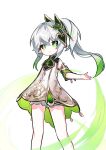  1girl bangs bare_shoulders closed_mouth commentary_request cross-shaped_pupils dress feet_out_of_frame genshin_impact gradient_hair green_eyes green_hair grey_hair hair_between_eyes looking_at_viewer multicolored_hair nahida_(genshin_impact) name_(oiuio) pointy_ears short_shorts shorts side_ponytail simple_background sleeveless sleeveless_dress smile solo white_background white_dress white_shorts 