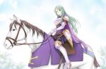  1girl armor armored_boots black_pants boots breastplate cape cecilia_(fire_emblem) dress elbow_gloves fire_emblem fire_emblem:_the_binding_blade flower gloves green_hair ham_pon highres holding holding_reins horse horseback_riding long_hair looking_at_viewer pants purple_cape purple_dress purple_eyes reins riding saddle smile solo white_flower white_footwear white_gloves white_horse 