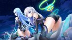  2girls ass bangs bare_shoulders black_gloves black_thighhighs blue_hair blunt_bangs breasts copyright dolphin_wave elbow_gloves fingerless_gloves from_behind gloves grey_hair highres jet_ski large_breasts looking_at_viewer looking_back multiple_girls nayuki_hiori night night_sky official_art purple_eyes red_eyes schnee_weissberg sky smile thighhighs 