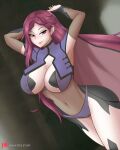  1girl alternate_costume arms_up bangs bodystocking breasts cape cleavage collar cosplay covered_navel dark_background dark_mage_(fire_emblem_fates) fire_emblem fire_emblem_heroes gloves hayato_stuff highres large_breasts loki_(fire_emblem) long_hair looking_at_viewer open_mouth panties purple_eyes purple_hair smile solo thighhighs underwear 