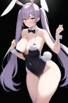  ai-generated animal_ears black_background black_dress bow bowtie breasts brown_eyes cleavage dress looking_at_viewer medium_breasts nai_diffusion non-web_source original parag0n purple_hair rabbit_ears rabbit_tail self_upload simple_background tail thick_thighs thighs twintails 