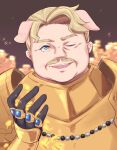  1boy ;d animal_ears armor black_gloves blonde_hair blue_eyes blue_gemstone breastplate character_request coin facial_hair gauntlets gem gloves gucchiann hand_up highres jewelry looking_at_viewer male_focus mustache one_eye_closed pig_ears princess_connect! ring smile solo sparkle thick_eyebrows upper_body 