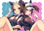  2girls :d ;) alternate_costume animal_ears between_breasts black_jacket blue_necktie breasts brown_hair cleavage detached_collar gloves green_eyes horse_ears horse_girl ines_fujin_(umamusume) jacket large_breasts looking_at_viewer mejiro_ryan_(umamusume) multicolored_hair multiple_girls necktie necktie_between_breasts one_eye_closed open_clothes open_jacket playboy_bunny purple_eyes short_hair smile thumbs_up two-tone_hair umamusume visor_cap white_gloves white_hair zest_(lossol) 