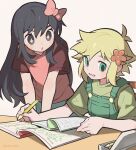  +_+ 1boy 1girl alternate_eye_color aubrey_(omori) basil_(omori) black_eyes black_hair blonde_hair blush bow chair flower green_eyes green_shirt hair_bow hair_flower hair_ornament highres holding holding_notebook holding_pencil long_hair looking_at_another looking_away moti_(m0cch1m0) notebook omori open_mouth overalls parted_lips pencil pink_bow red_shirt shirt short_hair short_sleeves sitting table 