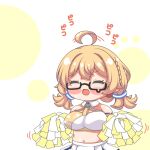  1girl :d ^_^ ahoge ahoge_wag bangs bare_shoulders black-framed_eyewear blonde_hair blue_archive blush_stickers braid breasts closed_eyes cosplay expressive_hair glasses hibiki_(blue_archive) hibiki_(blue_archive)_(cosplay) hibiki_(cheerleader)_(blue_archive) hibiki_(cheerleader)_(blue_archive)_(cosplay) holding kotori_(blue_archive) kurukurumagical large_breasts long_hair low_twintails motion_lines navel pleated_skirt pom_pom_(cheerleading) semi-rimless_eyewear skirt smile solo speed_lines twintails under-rim_eyewear v-shaped_eyebrows white_skirt 