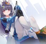  1girl absurdres ahoge black_gloves black_hair blue_archive blue_serafuku blue_shirt blue_skirt blush bolt_action closed_mouth commentary_request firecracker_(user_kgxp3553) gloves gun halo headgear highres knee_pads knees_up leaf leaf_on_head long_hair looking_at_viewer miyu_(blue_archive) mosin-nagant object_hug panties panties_under_pantyhose pantyhose pleated_skirt red_eyes rifle sailor_collar school_uniform serafuku shirt shoes single_knee_pad sitting skirt solo underwear very_long_hair weapon white_footwear white_panties white_pantyhose white_sailor_collar 