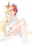  +_+ 1girl absurdres alchemy_stars bare_shoulders bikini blonde_hair blush breasts choker cleavage closed_mouth detached_sleeves feet_out_of_frame groin gronru_(alchemy_stars) gronru_(day_at_the_aquarium)_(alchemy_stars) hair_between_eyes hat highres knees_up krifu long_hair looking_at_viewer multicolored_hair red_hair simple_background sitting small_breasts smile solo swimsuit two-tone_hair white_background white_bikini white_headwear 