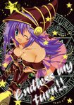  bare_shoulders boots breasts cleavage dark_magician_girl dark_skin detached_sleeves duel_monster female green_eyes hat helm helmet hexagram large_breasts long_hair magic_circle magical_girl open_mouth pentacle pentagram skirt smile star takanae_kyourin takanaedoko thai wand wink wizard_hat yu-gi-oh! yugioh yuu-gi-ou_duel_monsters 