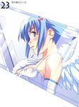  angel angel_wings artbook bare_shoulders blue_hair blush elbow_gloves gloves green_eyes highres kuuchuu_yousai nanael queen's_blade reflection scan short_hair solo wings 