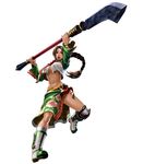  boots braid breasts brown_eyes brown_hair earrings floral_print green_sarong headband highres jewelry kawano_takuji korean_clothes long_hair midriff naginata navel no_bra official_art polearm sarong seong_mi-na single_braid solo soulcalibur soulcalibur_iv underboob weapon 