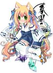  adapted_uniform animal_ears bell blush cat_ears fan folding_fan green_eyes hekicha japanese_clothes long_hair miko original ribbon sandals solo thighhighs 