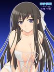  bare_shoulders black_hair blush breasts cum cum_on_body cum_on_breasts cum_on_upper_body facial front-tie_top hair_ribbon highres large_breasts long_hair purple_eyes ren'ai_saimin ribbon solo swimsuit tendou_chizuru translated yoshimura_kentaro 