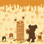  bad_pixiv_id bear bee bug butter doily egg eighth_note english food fork fruit honey honeycomb_(pattern) honeycomb_background insect knife knight/night musical_note no_humans orange orange_background original pancake plate pot stack_of_pancakes sugar_cube syrup 