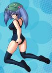  ass bad_id bad_pixiv_id black_legwear blue_eyes blue_hair breasts covered_nipples hair_ornament hat kawashiro_nitori large_breasts long_hair looking_back mi_(no_hito) one-piece_swimsuit school_swimsuit solo swimsuit thighhighs touhou twintails 