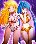  2girls blonde_hair blue_hair bow breasts cleavage cleavage_cutout cosplay glove gloves gluteal_fold green_eyes hair_bow kei_(dirty_pair) kei_(dirty_pair)_(cosplay) long_hair midriff multicolored_hair multiple_girls navel open_mouth panty_&amp;_stocking_with_garterbelt panty_(character) panty_(psg) pointing purple_hair shorts siblings sisters smile star stars stocking_(character) stocking_(psg) two-tone_hair two_tone_hair very_long_hair yuri_(dirty_pair) yuri_(dirty_pair)_(cosplay) 