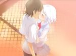  1boy 1girl couple game_cg kiss outdoors romantic rooftop school_uniform shiraki_aeka short_hair white_hair yume_miru_kusuri 
