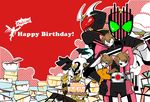  bodysuit brown_hair green_eyes happy_birthday helmet kadoya_tsukasa kamen_rider kamen_rider_blade_(series) kamen_rider_chalice kamen_rider_dcd kamen_rider_decade kamen_rider_w looking_at_viewer male_focus miniboy multiple_boys red_background sasagawa_kureo simple_background weather_dopant 