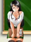  black_hair blackboard blouse blush breasts chalkboard cleavage glasses huge_breasts legwear lipstick makeup rd stockings teacher thighhighs zettai_ryouiki 