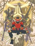  gun kamen_rider kamen_rider_kuuga kamen_rider_kuuga_(series) male_focus multiple_hands sirius_(kerberos) sitting solo staff sword thumbs_up weapon 
