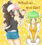  2girls baseball_cap bel_(pokemon) bell_(pokemon) beret blonde_hair blue_eyes blush brown_hair dress english green_eyes hat long_hair looking_back lowres multiple_girls pixiv_thumbnail poke_ball pokeball pokemon pokemon_(game) pokemon_black_and_white pokemon_bw ponytail short_hair shorts sitting smile star stars touko_(pokemon) white_(pokemon) 