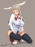  animal_ears grey_hair original shorts solo thighhighs yac_(mokkori) yellow_eyes 