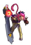  3d animal_ears blade_kitten catgirl elbow_gloves fingerless_gloves goggles green_eyes grin kit_ballard knee_pads leaning_forward official_art peace pink_hair pose satchel short_hair simple_background sword tail thigh_boots wink 