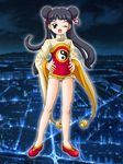  bangs bare_legs black_hair card_captor_sakura child chinese_clothes city cityscape d-ten double_bun double_buns hands_on_hips jingle_bell li_meiling long_hair looking_at_viewer night one_eye_closed outdoors solo twintails wink yin_yang 
