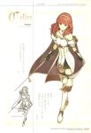  1girl cape celica_(fire_emblem) dress earrings fingerless_gloves fire_emblem fire_emblem_echoes:_mou_hitori_no_eiyuuou gloves hairband highres jewelry long_hair looking_at_viewer nintendo non-web_source official_art red_eyes red_hair scan sketch smile solo sword thighhighs tiara weapon 