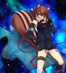  :d alternate_costume animal_ears antenna_hair bare_shoulders blazblue brown_eyes brown_hair detached_sleeves gloves jewelry makoto_nanaya necklace one_eye_closed open_mouth smile solo space squirrel_ears squirrel_tail tail uniform uzukinoko 