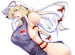  blonde_hair blush breasts covered_nipples elbow_gloves eyebrows gloves hat huge_breasts long_hair naked_tabard no_bra no_panties short_hair side_slit sideboob solo stiel tabard thick_eyebrows touhou trigram white_gloves yakumo_yukari 