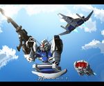  beam_rifle cloud clouds core_fighter energy_gun gun gundam gundam_0083 gundam_gp-01_zephyranthes gundam_seed gundam_seed_destiny mecha parody shield sky takayuuki weapon 