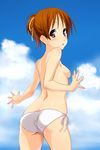  ass bikini blush brown_eyes brown_hair cloud day from_behind hair_ribbon highres hirasawa_ui k-on! looking_back norizou_type-r ribbon short_hair side-tie_bikini sky smile solo swimsuit topless white_bikini 