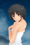  amagami bare_shoulders black_hair blush brown_eyes cloud face from_side kishida-shiki looking_at_viewer looking_back naked_towel nanasaki_ai night night_sky one-piece_tan outdoors short_hair sky smile solo star_(sky) starry_sky sweat tan tanline towel 