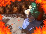  arms_behind_back bad_id bad_pixiv_id detached_sleeves from_above green_eyes green_hair hair_ornament hands_clasped kingyo7000 kochiya_sanae leaf long_hair maple_leaf own_hands_together snake solo stairs touhou 