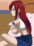  1girl awa bed breasts brown_eyes crossed_legs earrings erza_scarlet fairy_tail female jewelry legs_crossed long_hair nipples red_hair shirt sitting skirt solo tattoo undressing 