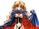  blonde_hair breasts bustier cape carnelian cleavage elbow_gloves garter_straps glasses gloves green_eyes highres lingerie long_hair medium_breasts navel panties ritsuko_(yamibou) side-tie_panties solo tattoo underwear wallpaper yami_to_boushi_to_hon_no_tabibito 
