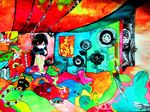  abstract acrylic_paint_(medium) bad_id bad_pixiv_id black_hair blood bob_cut child chinamo colorful door expressionless eyes flower highres knife leg_hug limbs original short_hair sitting socks surreal traditional_media 