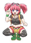  black_legwear black_thighhighs blush breasts choker cleavage climax_entertainment dinosaur_king hokuto_(pixiv) hokuto_(tokuho) jewelry navel necklace open_mouth pink_hair sega sexually_suggestive shorts squat squatting tatsuno_malm thighhighs twintails vest wristband 