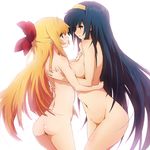  ass asymmetrical_docking blonde_hair blue_hair blush breast_press breasts couple eye_contact hairband half_updo highres himemiya_chikane hug kannazuki_no_miko kurusugawa_himeko long_hair looking_at_another medium_breasts multiple_girls navel nude ribbon small_breasts takunama yellow_hairband yuri 