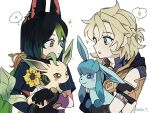  2boys :o albedo_(genshin_impact) animal_ears aqua_eyes bangs black_gloves black_hair blonde_hair blush coat crossover dodo_t earrings flower fox_boy fox_ears genshin_impact glaceon gloves gradient_hair green_hair holding holding_pokemon hood hood_down hooded_coat jewelry leafeon male_focus multicolored_hair multiple_boys parted_lips pokemon pokemon_(creature) scar scar_on_neck simple_background single_earring smile tighnari_(genshin_impact) twitter_username upper_body white_background yellow_flower 